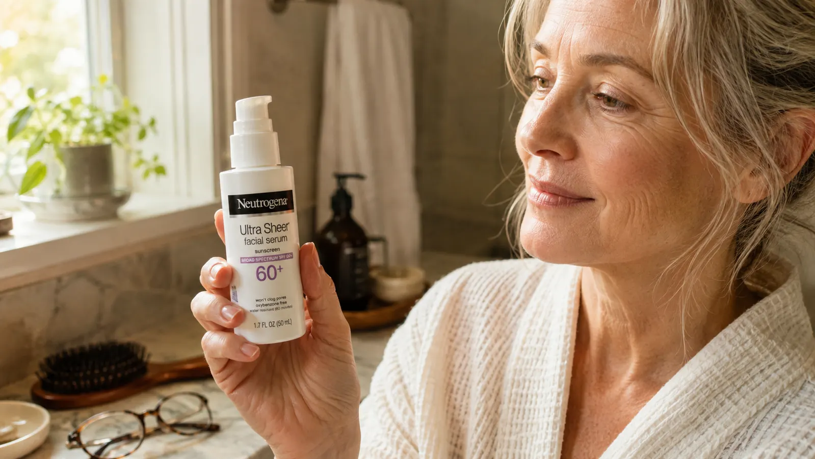 Close-up of the Neutrogena sunscreen serum bottle on a bathroom shelf next to a hairbrush and a pair of reading glasses
