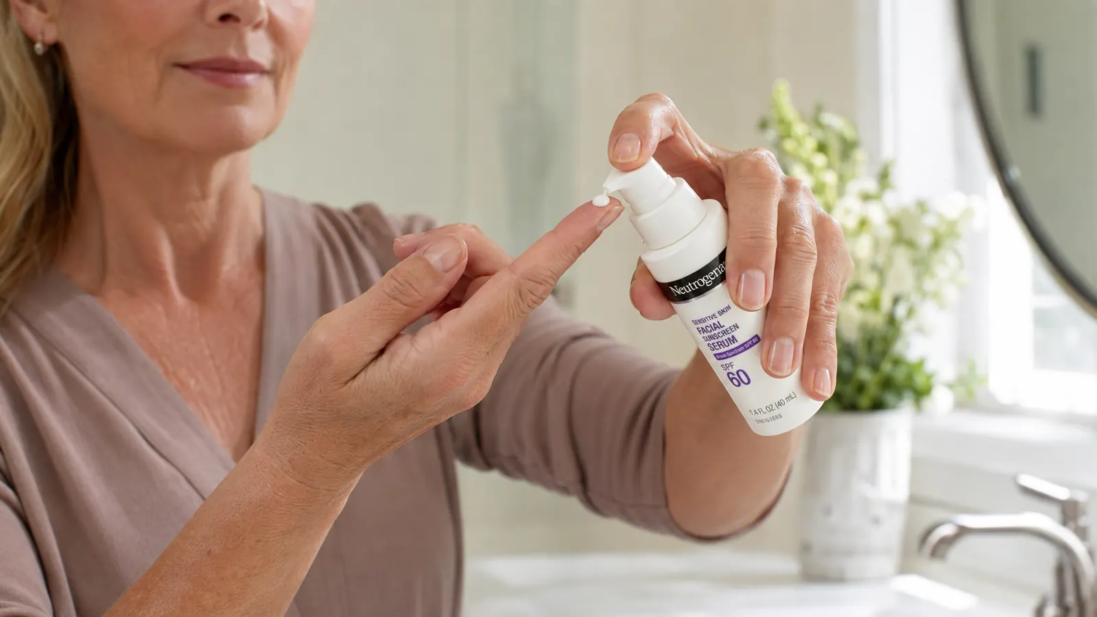 Hand dispensing a small amount of sunscreen serum onto fingertips before applying it to the face