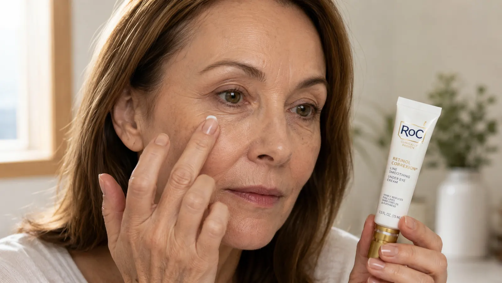 Close-up of a fingertip with a small dab of eye cream near the outer corner of an eye in soft morning light