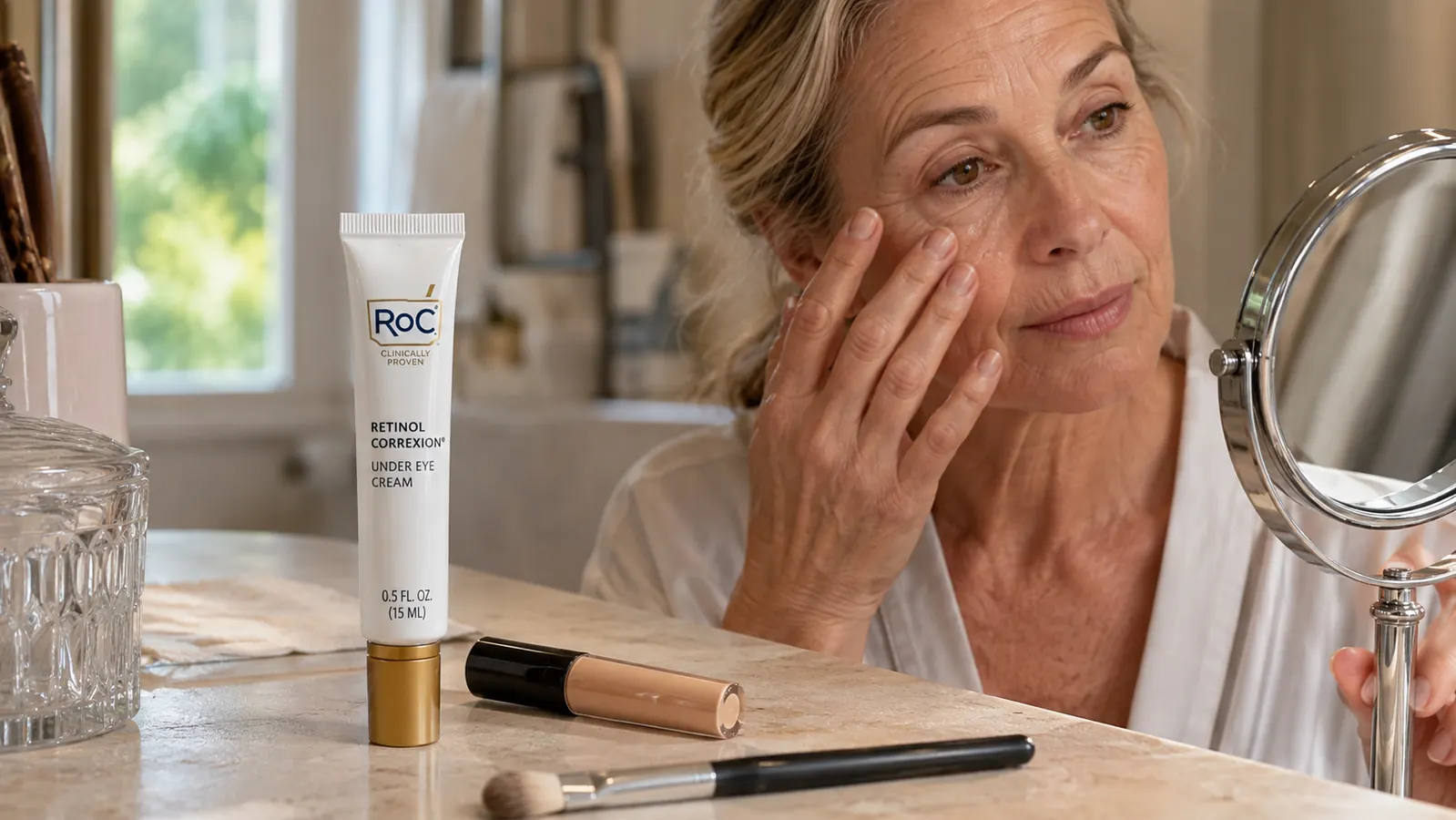 A small tube of eye cream sitting on a bathroom counter next to a concealer stick and a makeup brush