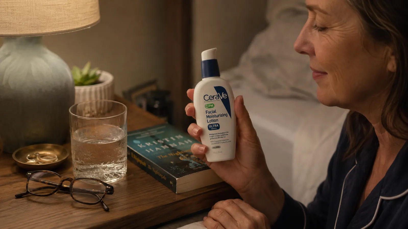 CeraVe PM moisturizer bottle on a nightstand next to a glass of water and a pair of reading glasses