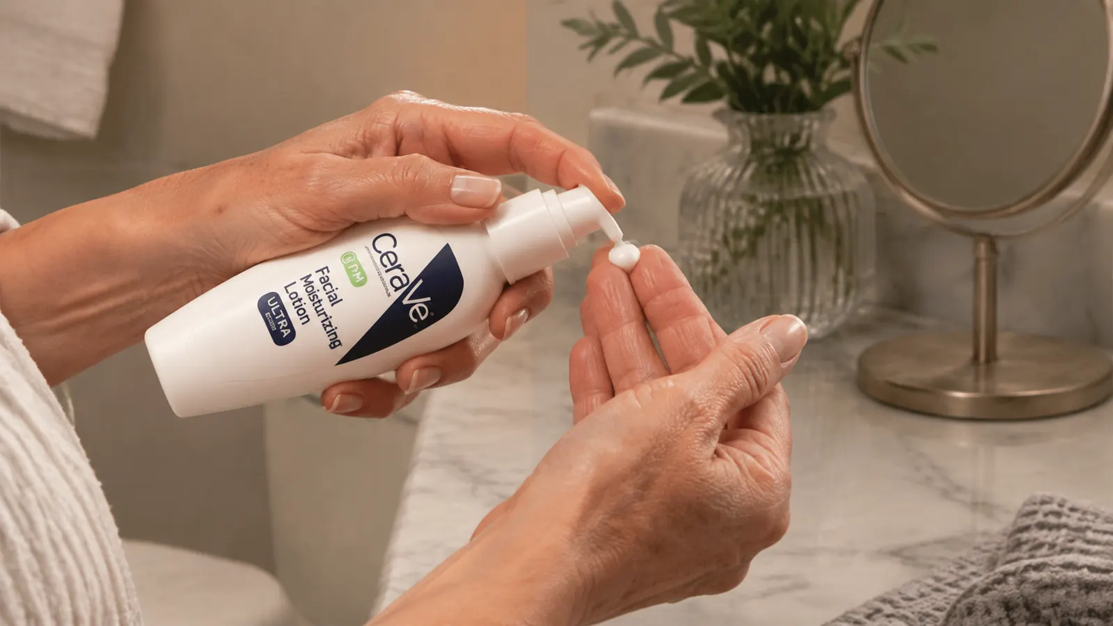 Close-up of a hand dispensing a small amount of moisturizer from a pump bottle onto fingertips