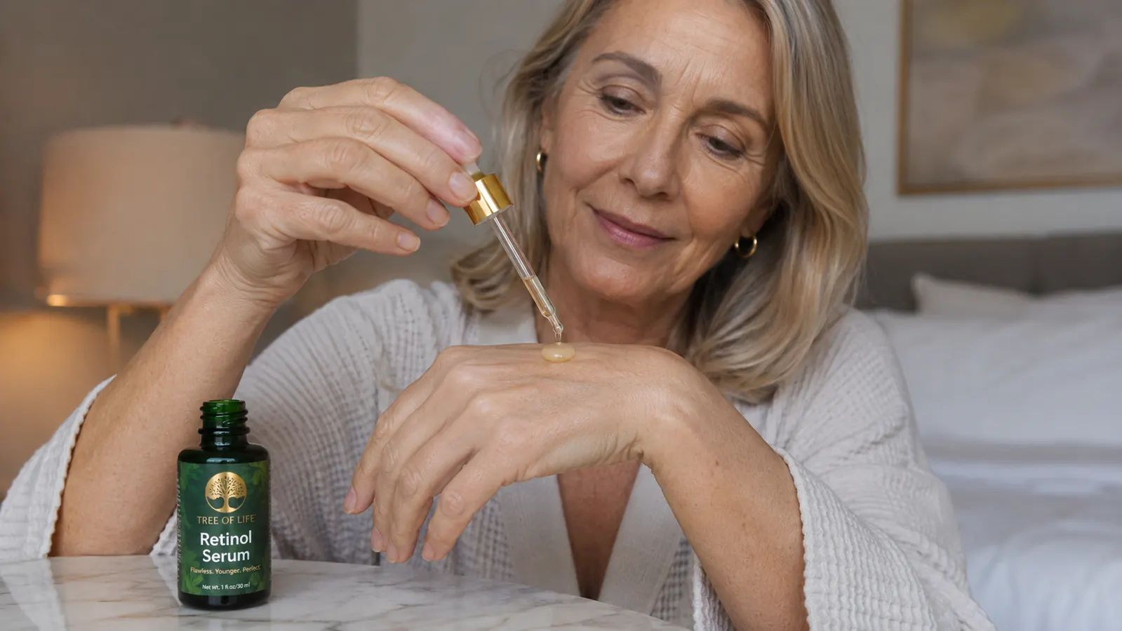 Hand smoothing a small amount of retinol serum onto the back of the other hand to check texture before applying to the face