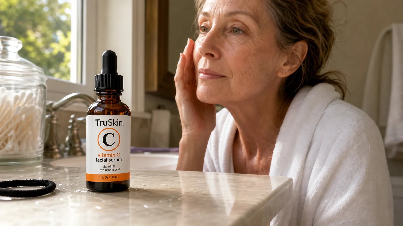 Close-up of the TruSkin vitamin C serum bottle sitting on a bathroom counter next to a folded towel and a glass of water