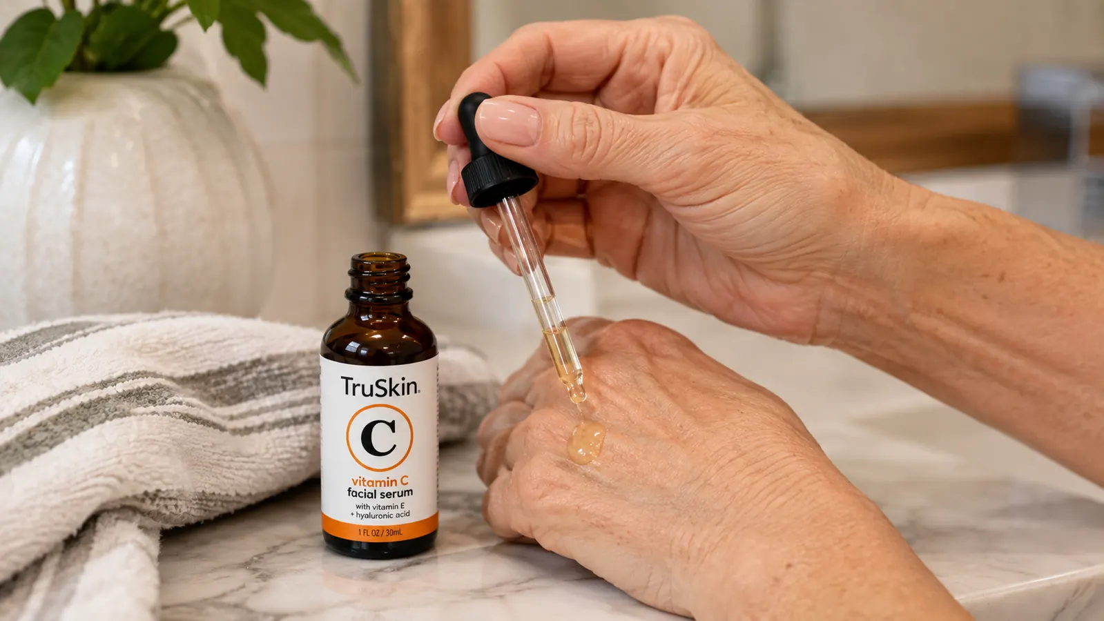 Hand holding a dropper of vitamin C serum with a drop suspended above the back of the other hand, testing the texture