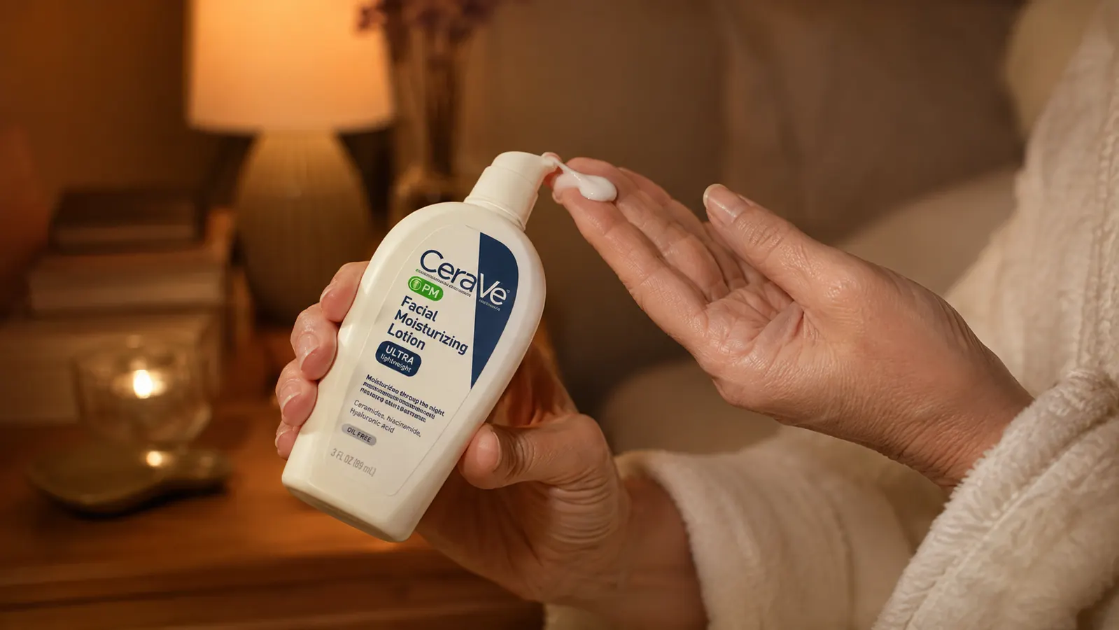 Close-up of a hand dispensing a pump of white lotion onto fingertips beside a plain bottle on a nightstand
