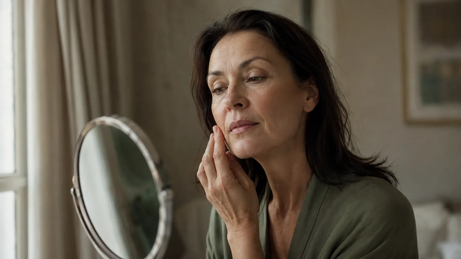 A woman in her fifties looking at her reflection in natural morning light, touching her cheek
