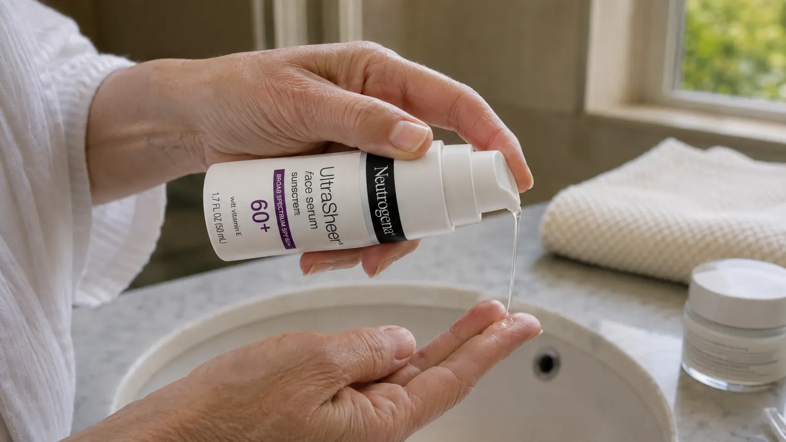 Close-up of a woman's hand dispensing a thin, watery sunscreen serum onto her fingertips at a bathroom sink, morning light