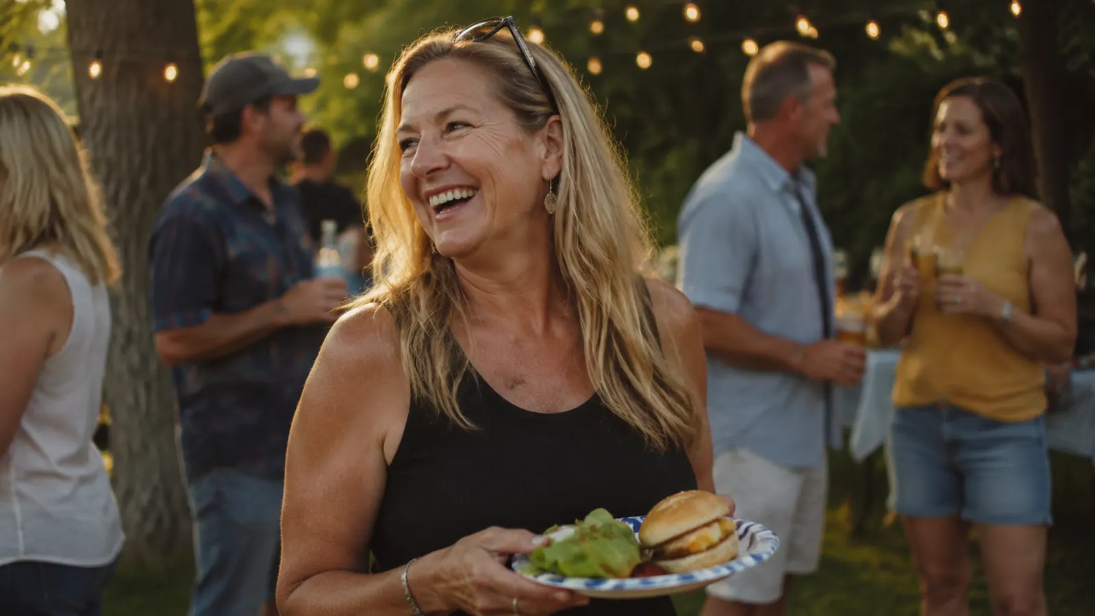 A woman in her fifties laughing at an outdoor backyard party, string lights overhead, holding a paper plate