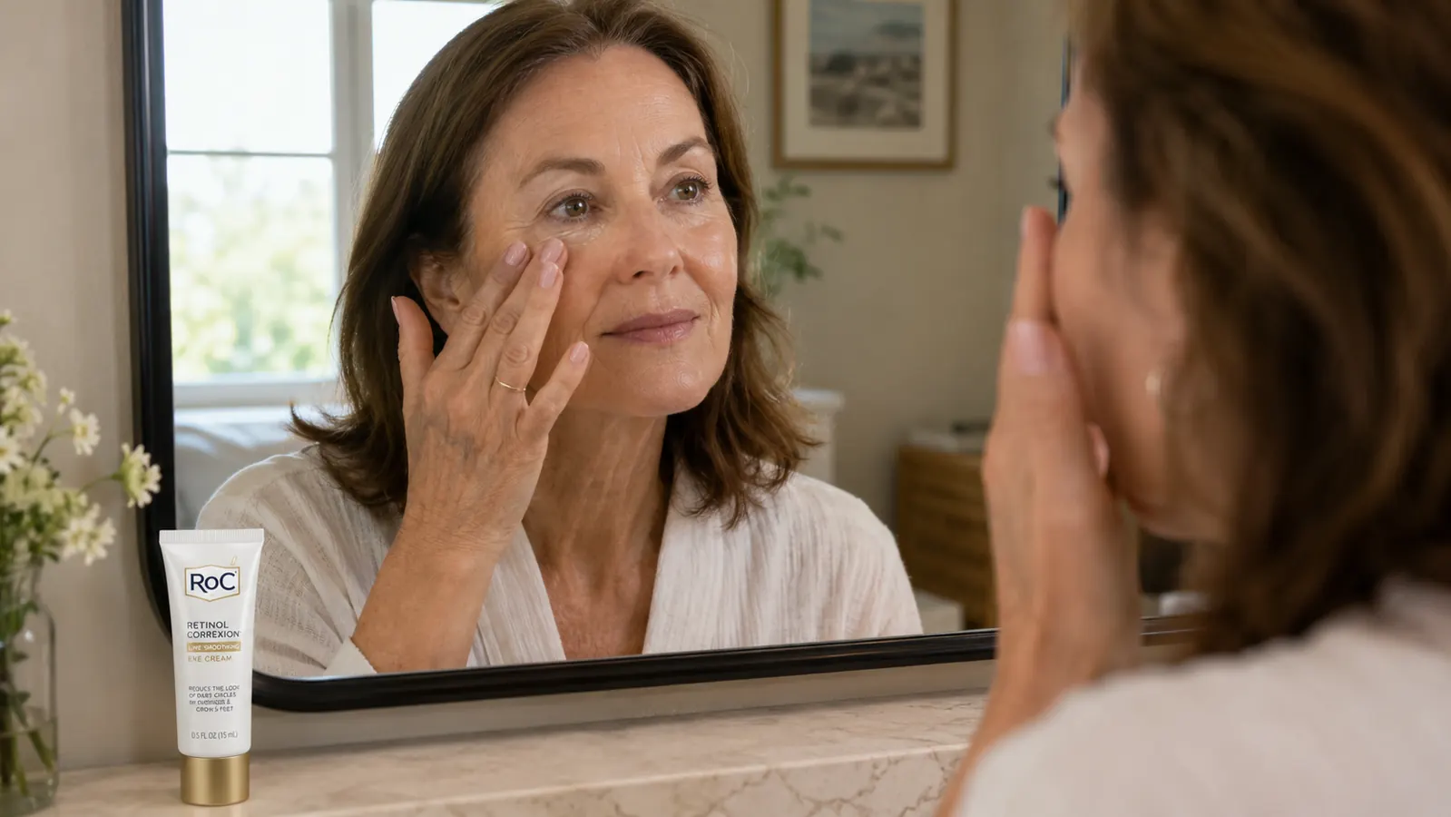 Close-up of a single hand pressing a small amount of RoC eye cream under the eye at a bathroom mirror in the morning