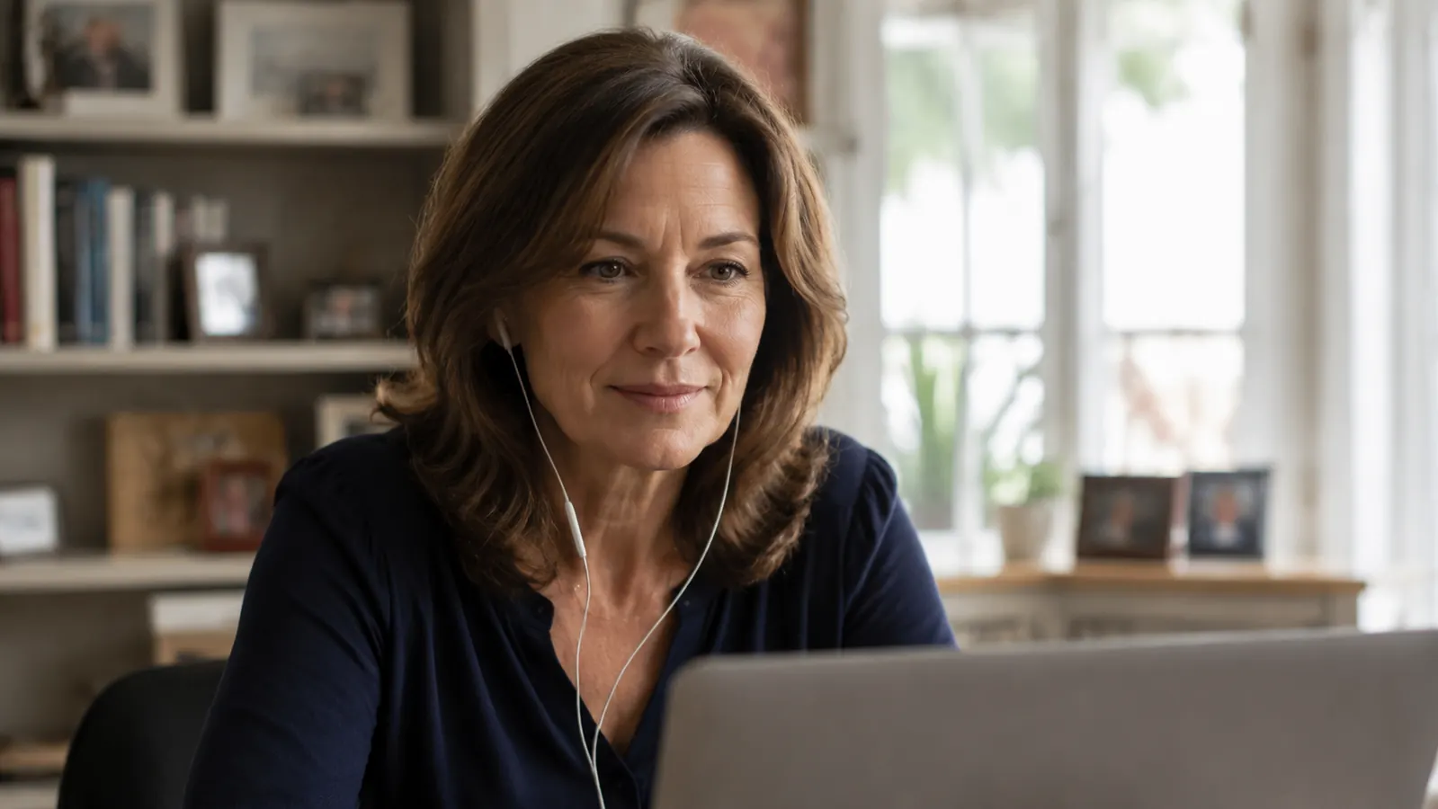 A woman in her fifties on another video call weeks later, sitting closer to the camera and looking more at ease