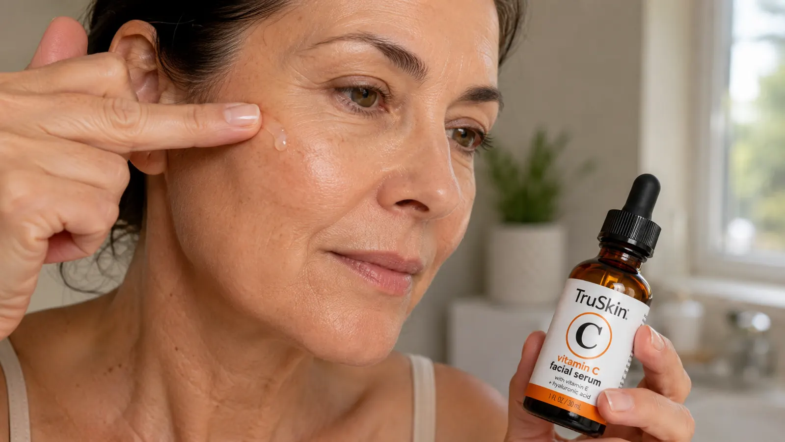 Close-up of a hand pressing a drop of vitamin C serum directly onto a dark spot near the cheekbone, amber TruSkin bottle held in the other hand