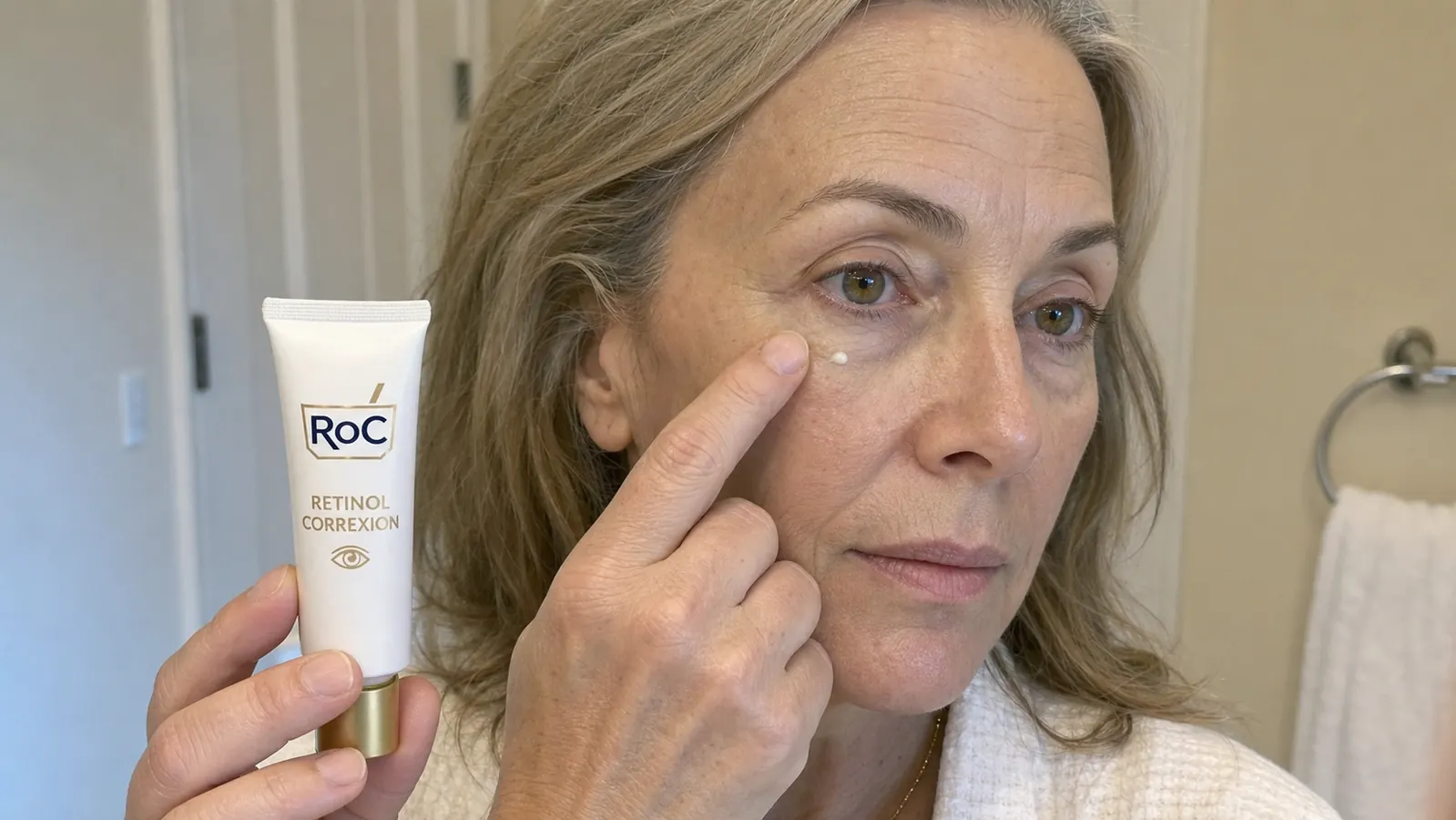 Close-up of a single hand using the ring finger to tap a small dot of RoC eye cream under the eye