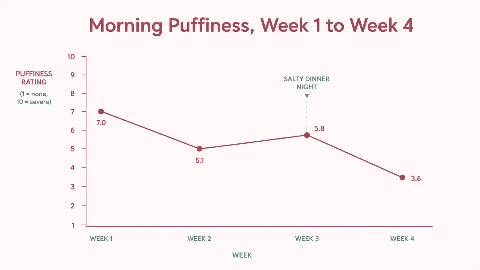 Line chart showing self-rated morning under-eye puffiness dropping over four weeks of consistent use