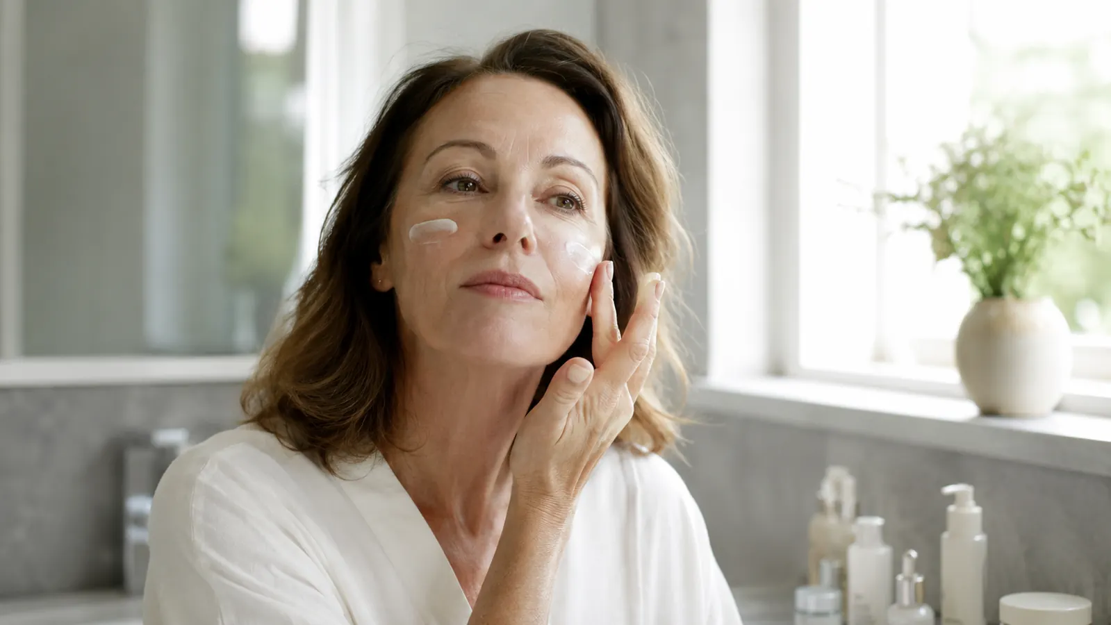 A woman applying sunscreen to her face by a bright window in the morning