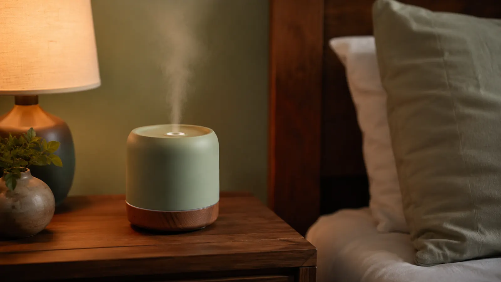 A small humidifier releasing a soft mist on a nightstand beside a lamp in a dim bedroom