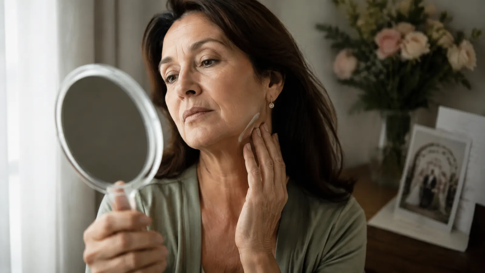 A woman patch-testing a new sunscreen and makeup combination along her jaw two days before a wedding, checking her reflection in natural light