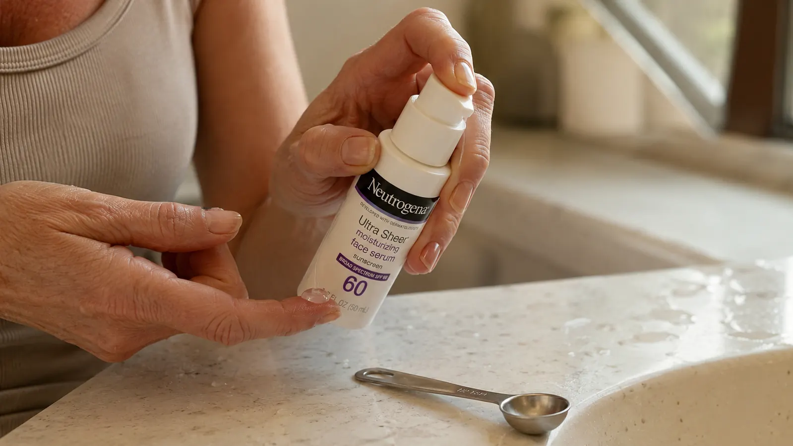 Close-up of a hand dispensing a bead of sunscreen serum onto a fingertip from a pump bottle, with a measuring teaspoon resting nearby on a bathroom counter for scale