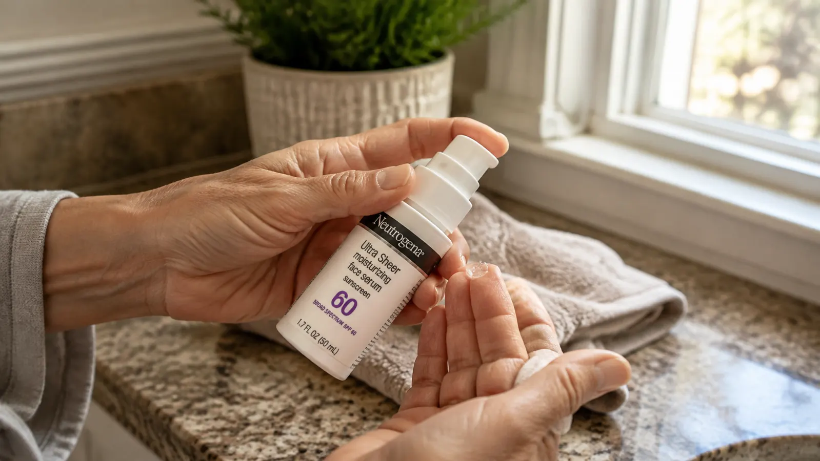 Close-up of a hand pressing a small clear dollop of sunscreen serum onto fingertips beside a plain bottle on a bathroom counter
