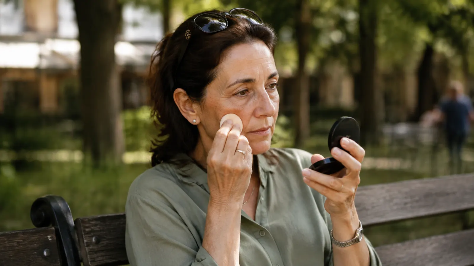 A woman in her fifties reapplying powder sunscreen from a small compact while sitting outdoors at a park bench