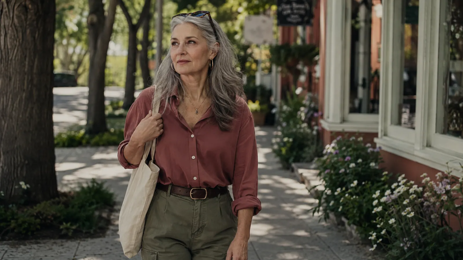 A woman in her fifties walking outside on a bright sidewalk with sunglasses pushed up on her head