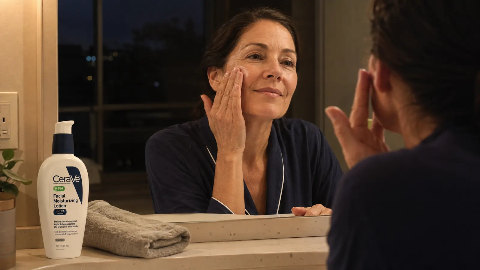 Close-up of a hand smoothing the CeraVe PM lotion onto a cheek at a bathroom mirror at night