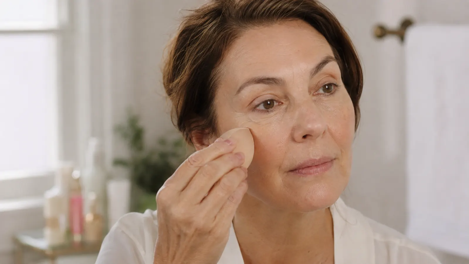 A woman applying foundation with a makeup sponge in front of a bright morning window, skin looking smooth rather than patchy
