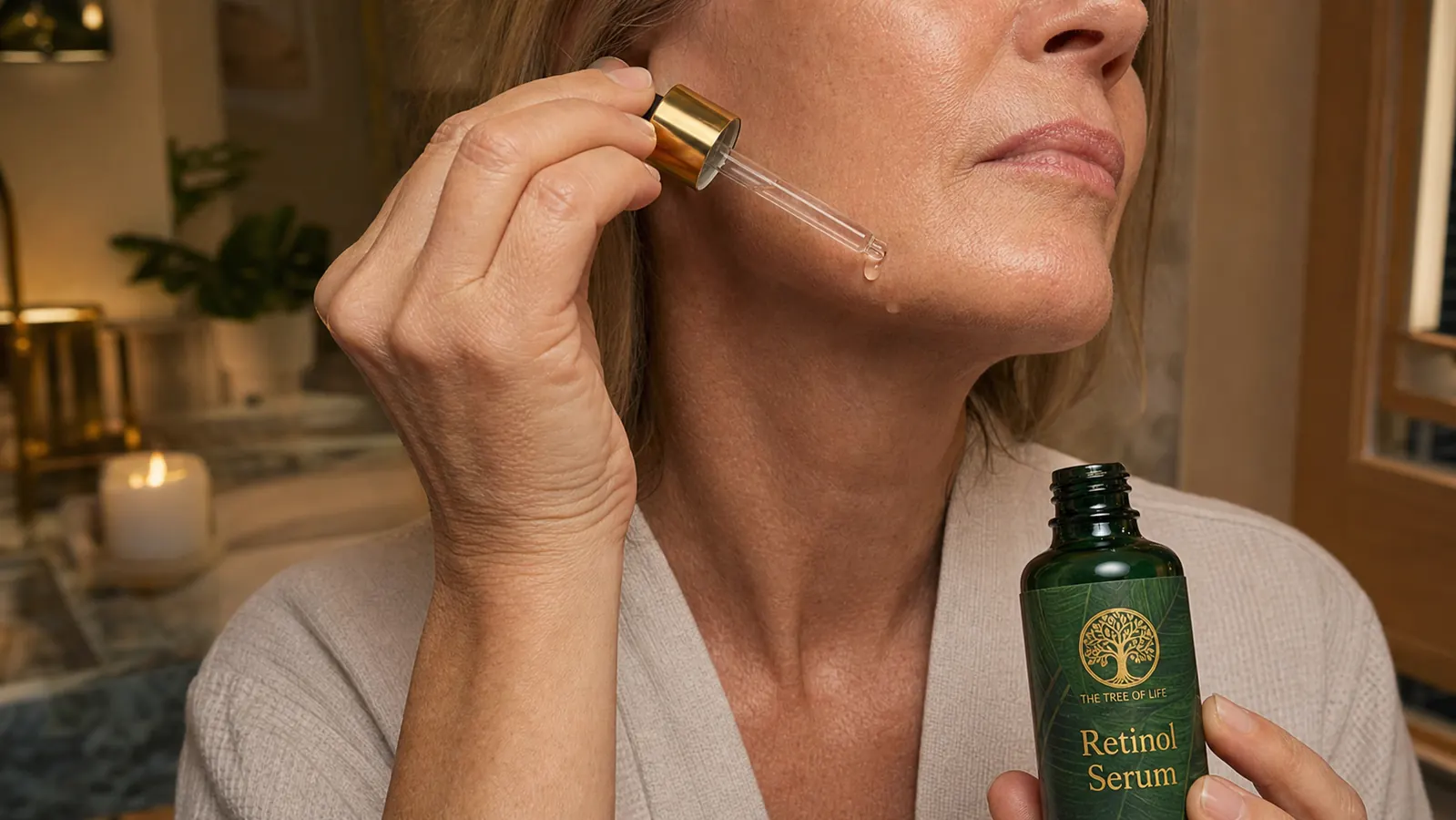 A hand applying drops of retinol serum to clean skin along the jawline at night