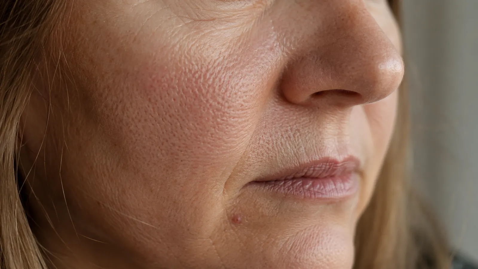 Close-up of skin texture on a cheek in natural daylight, showing fine grain that gradually looks smoother
