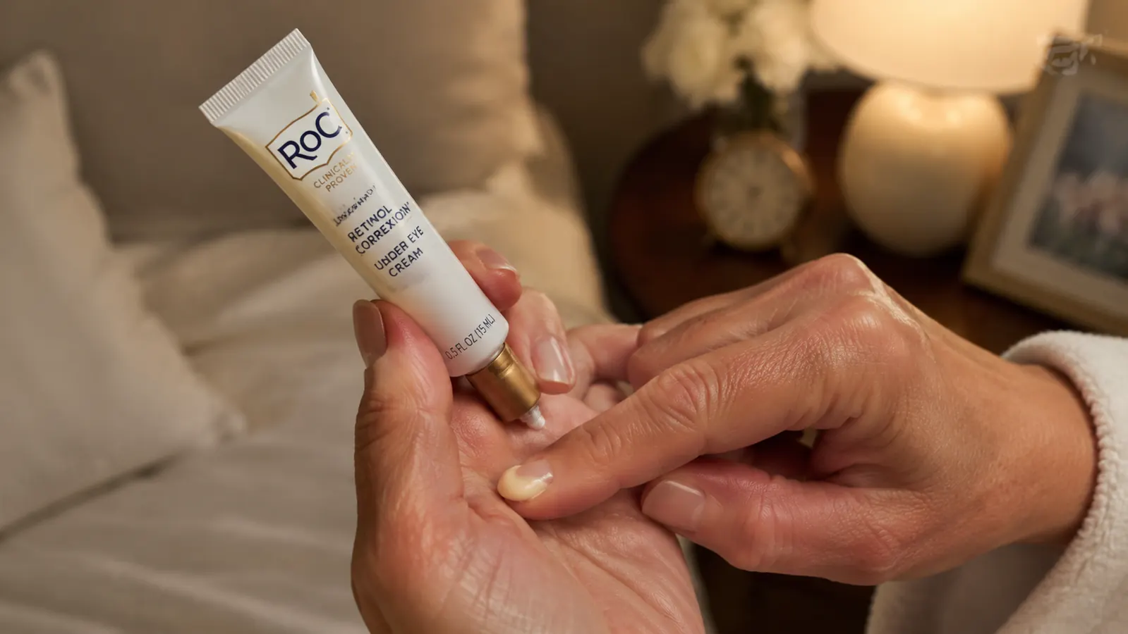 Close-up of a hand dotting a small amount of eye cream from the RoC tube onto the back of the other hand beside a nightstand lamp