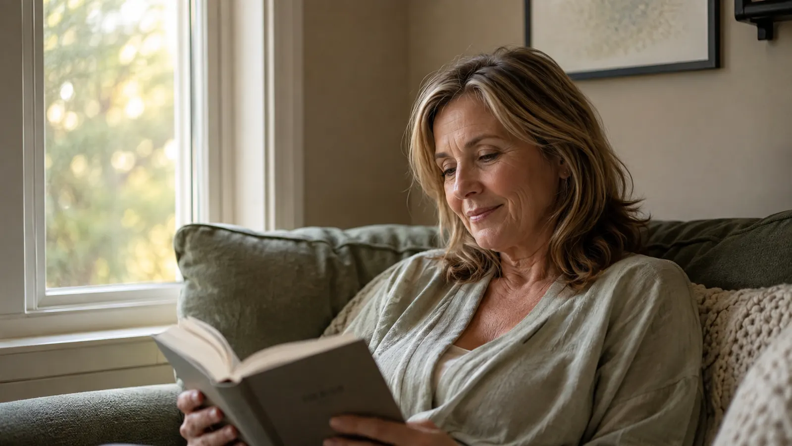 A woman in her fifties reading by a window in natural afternoon light, her face relaxed and unguarded