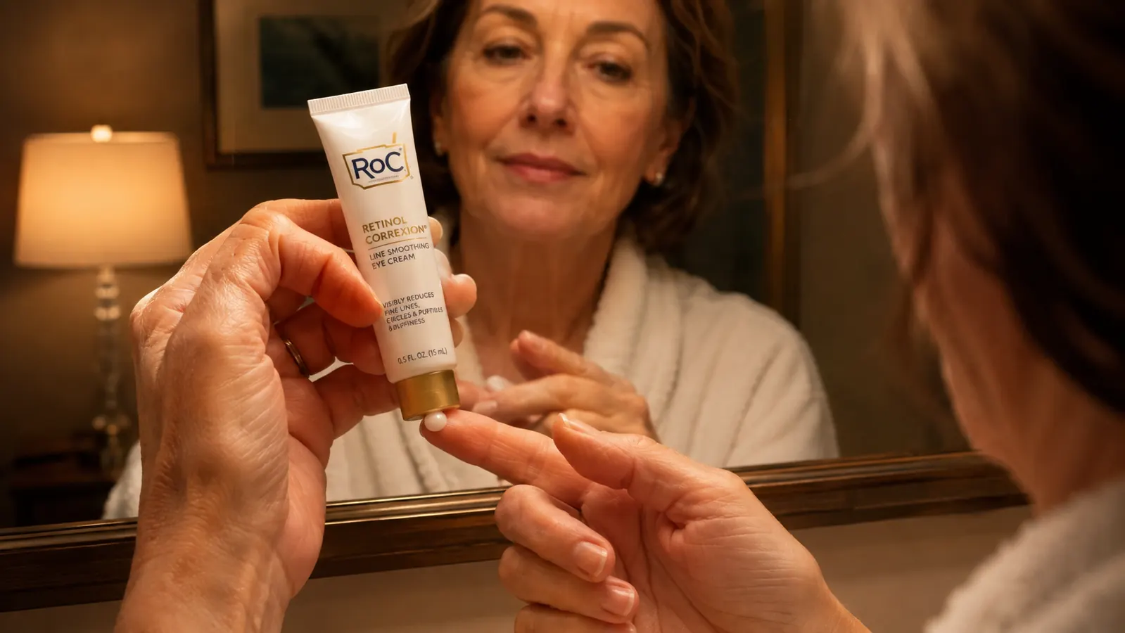 A woman's hand applying a small dot of eye cream from the RoC tube to her under-eye area in front of a bathroom mirror
