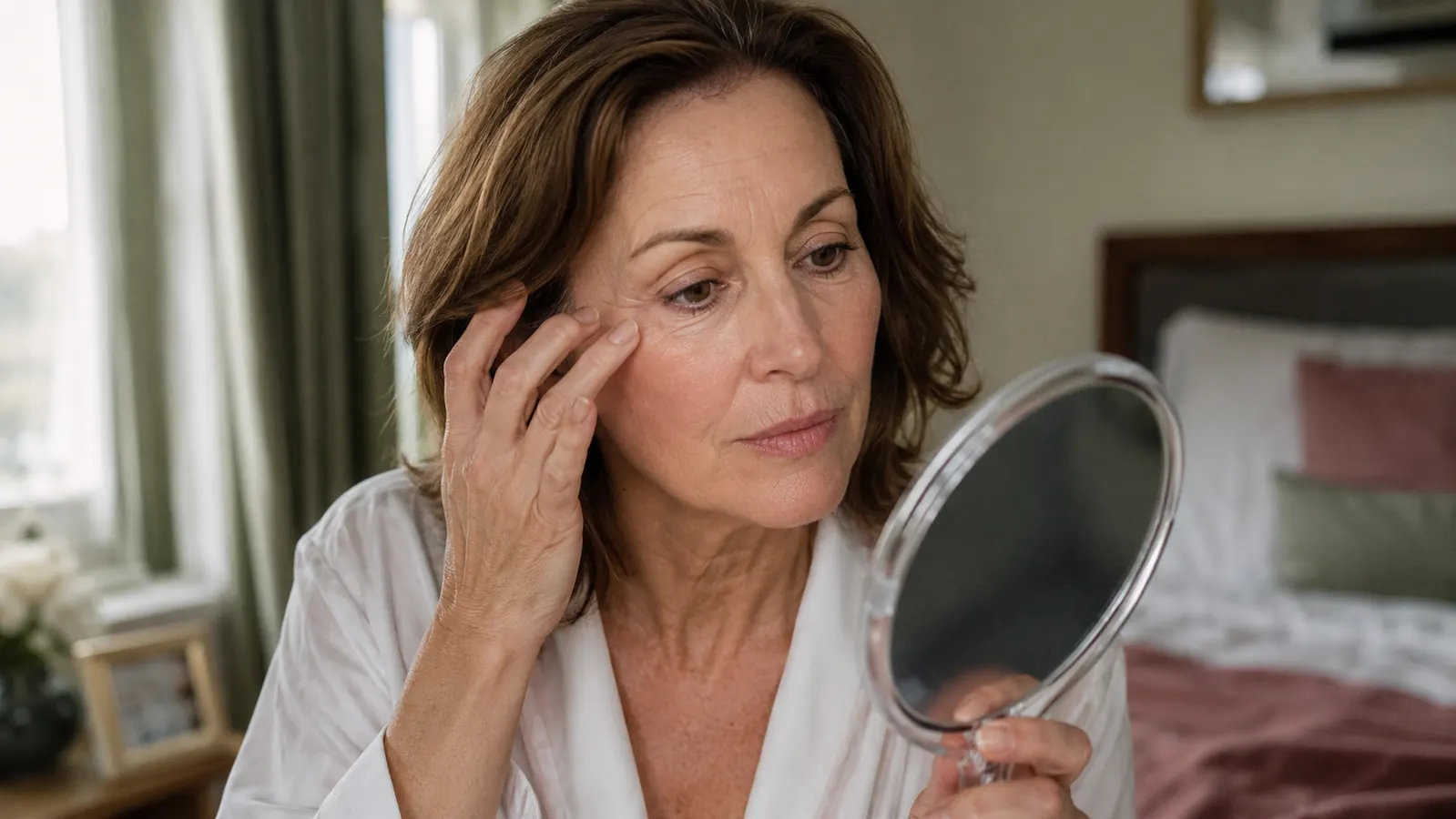 A woman in her fifties checking her under-eye area in natural daylight near a window, no products visible