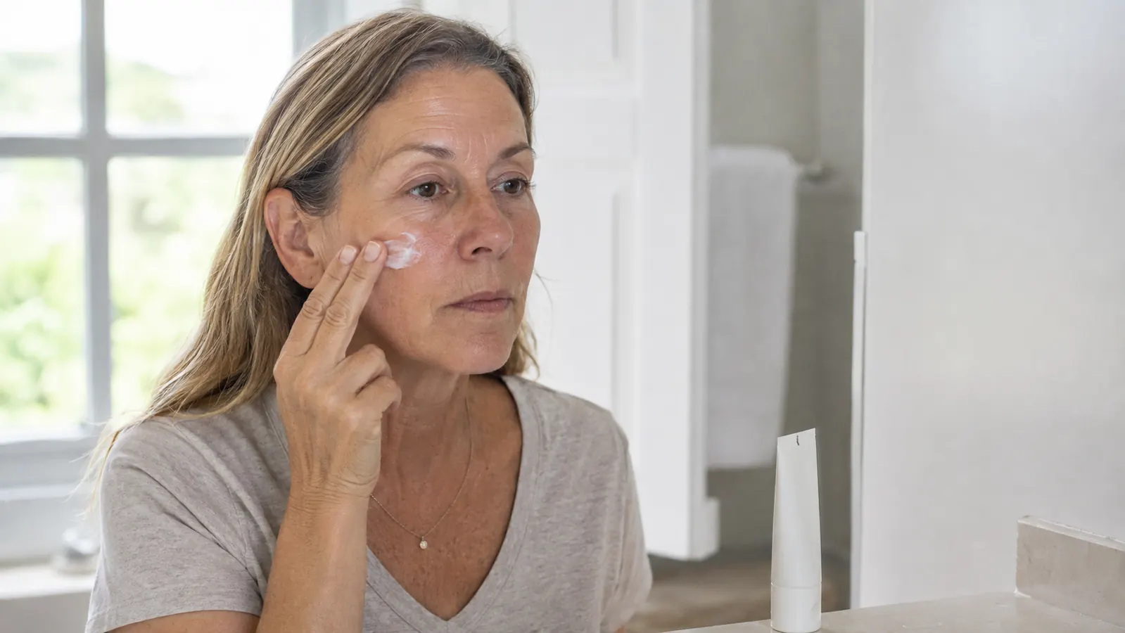 A woman in her fifties applies sunscreen to her cheek in front of a bright window in the morning, wearing a plain shirt, her expression calm and practical rather than glamorous