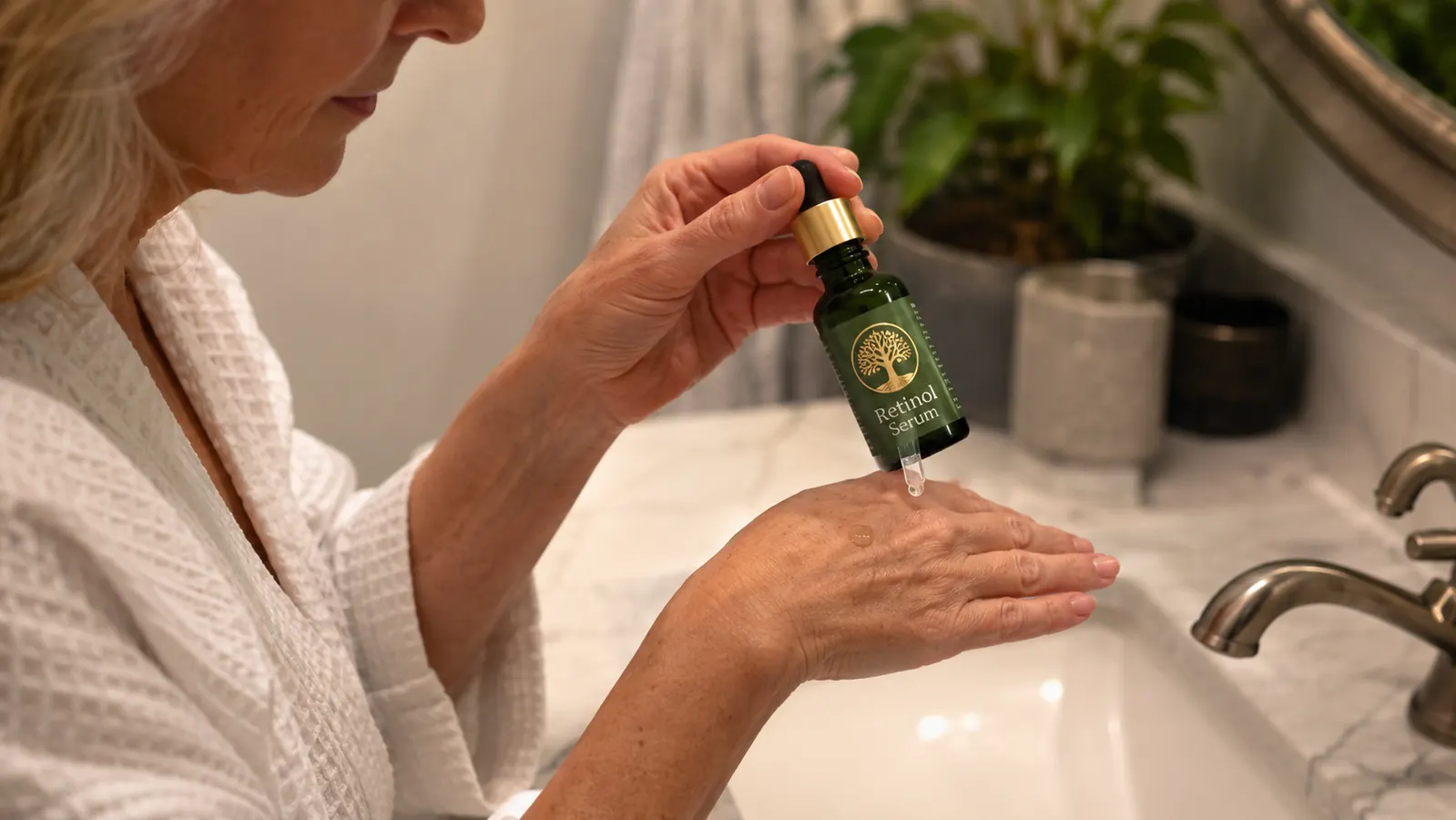 A woman's hand applying a dropper of retinol serum to the back of her hand for a patch test, bathroom mirror in soft focus behind her