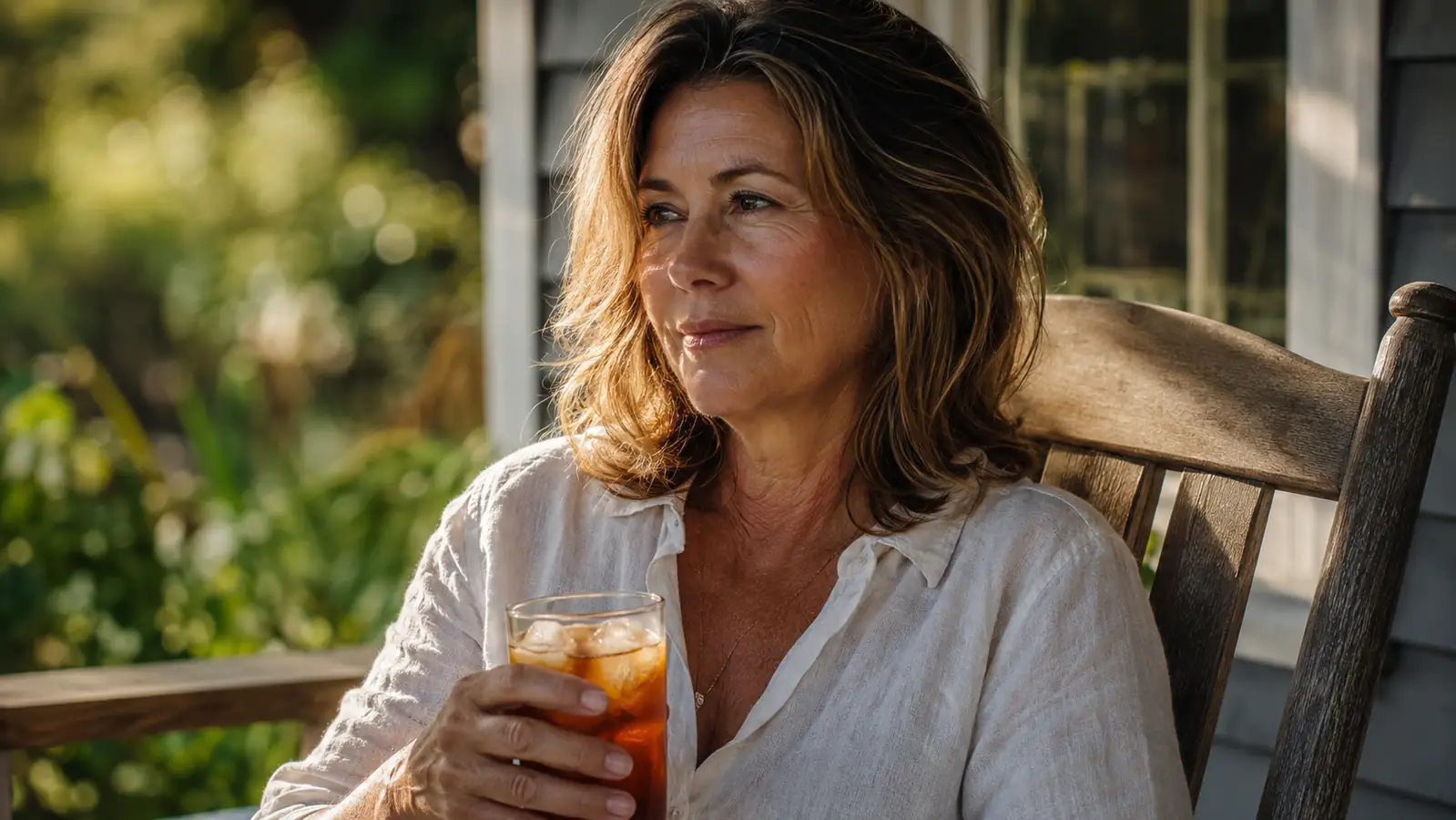 A woman in her fifties sits on a back porch in late afternoon light with a glass of iced tea, relaxed and unposed, skin visible and natural in the sunlight