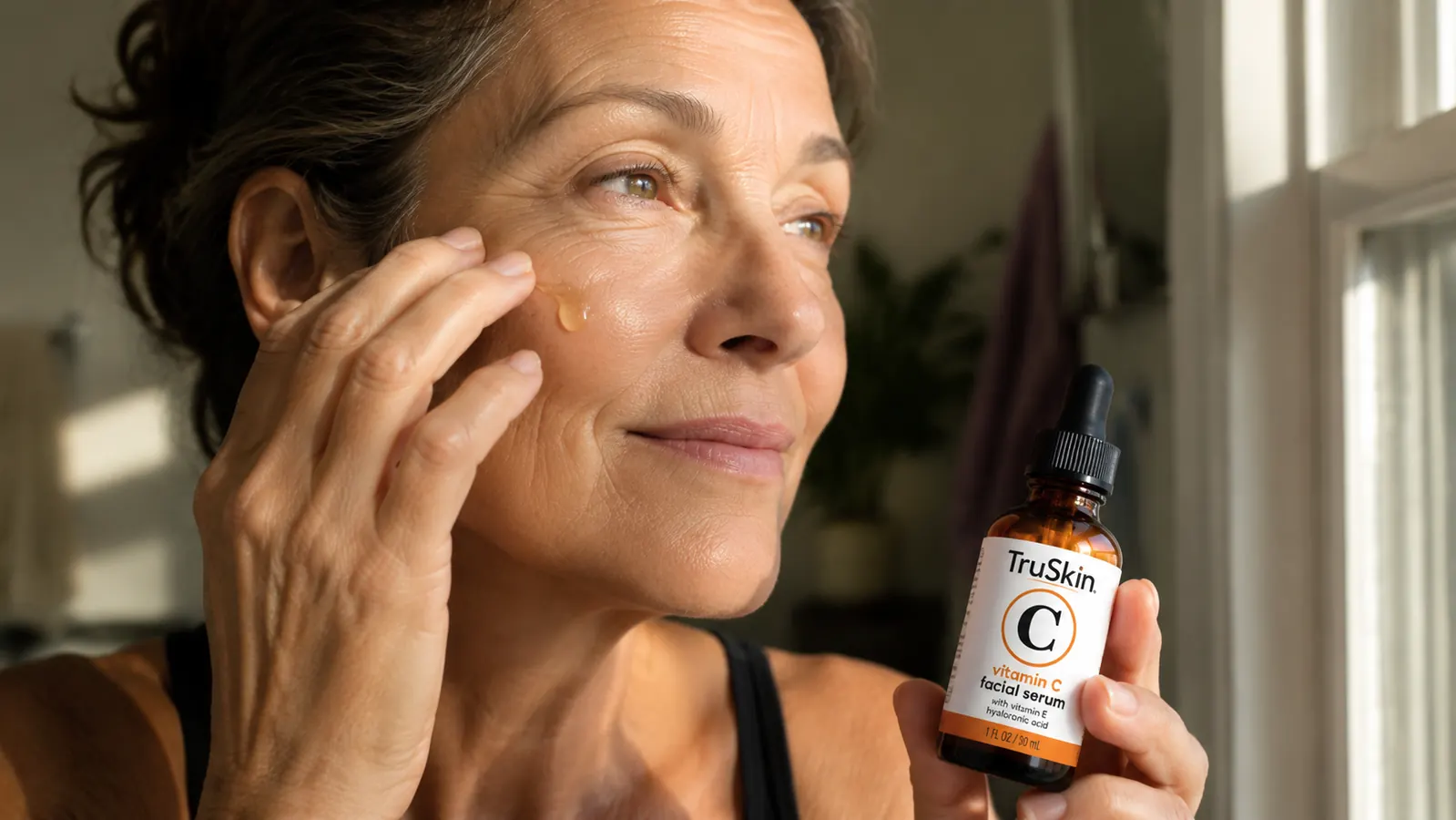 Close-up of a woman's hand applying a drop of vitamin C serum to her cheek in natural daylight, TruSkin bottle held at an angle in her other hand