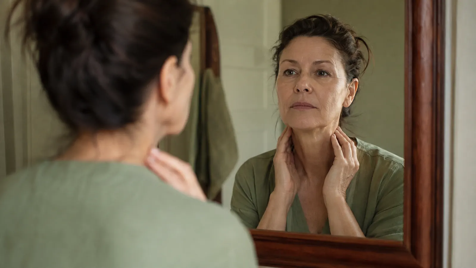 A woman in her fifties looking thoughtfully at her own reflection in a bathroom mirror in soft morning light, no product visible
