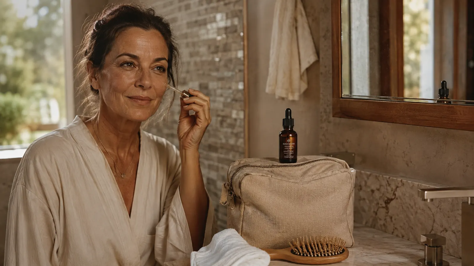 A small amber dropper bottle of serum resting on an open makeup bag next to a bathroom sink